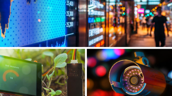 Collage of images including digital signs, sensors, and video cameras.